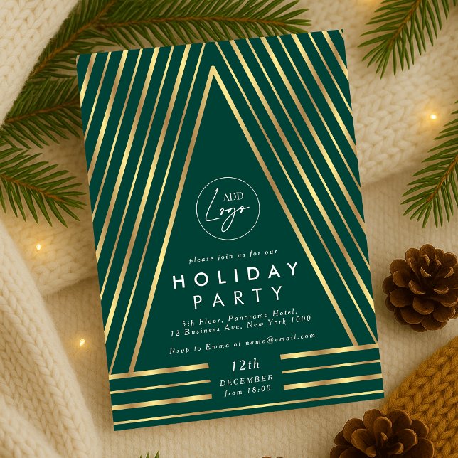 Business Logotyp Grönt & Guld julpersonal Party Inbjudningar (Modern emerald green and gold Christmas Party Business Logo Invitation)