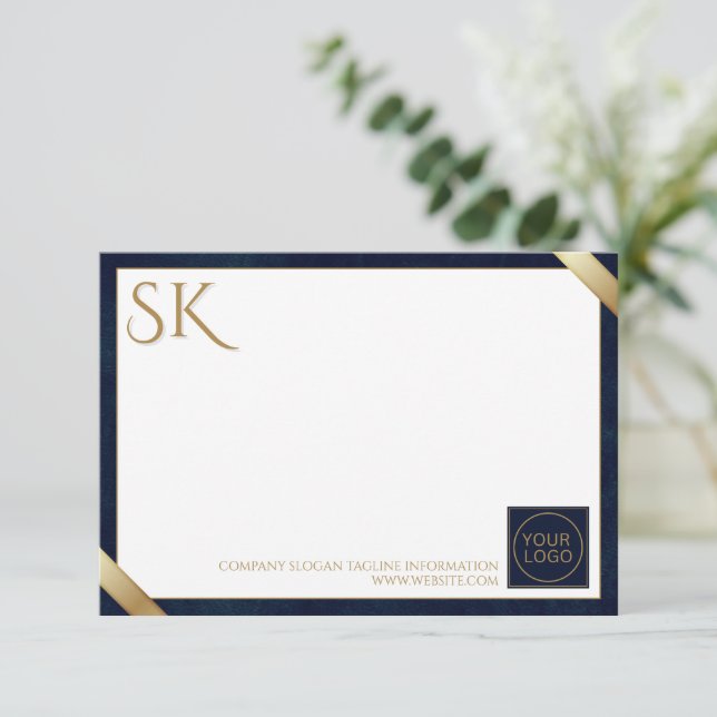 Business Logotyp Luxury Navy Leather Anteckningskort (Stående Fram)