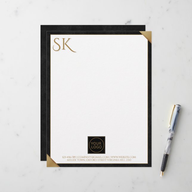 Business Logotyp Monogram Black Leather Letterhead Brevhuvud (Fram/Back In Situ)