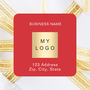 Business logotyp namn adress röd vit fyrkantigt klistermärke