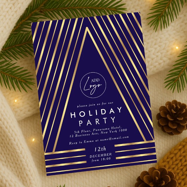 Business Logotyp Navy & Guld julpersonal Party Inbjudningar (Modern navy blue and gold Holiday Party Company Logo Invitation)