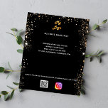 Business logotyp qr-kodinstagram svart guld flygblad<br><div class="desc">En svart bakgrund med faux guld glitter damm. Anpassa och lägga till din logotyp,  namn,  adress,  din text,  din egen QR-kod till ditt instagram-konto. AE AE</div>