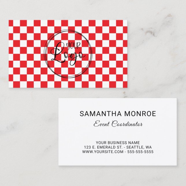 Business Logotyp Red and White Checkerboard Visitkort (Fram/baksida)
