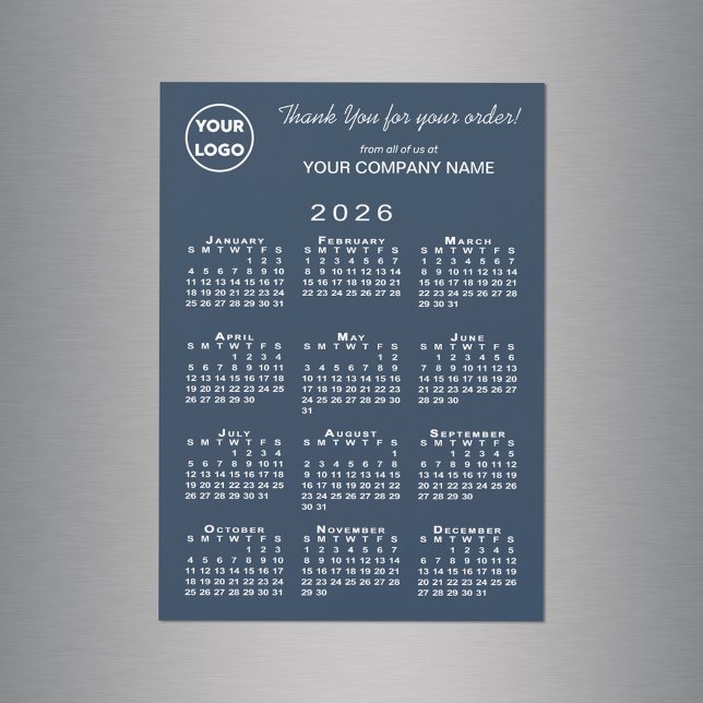 Business Logotyp Tack 2026 Calendar Navy Magnet (Business Logo Thank You 2026 Calendar Navy Magnet in situ)