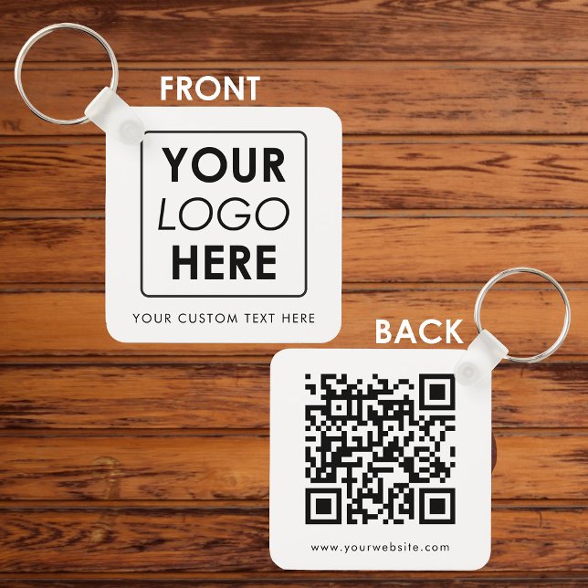 Business Logotyp Text QR Dubbla Side White Nyckelring (Business Logo Text QR Code Double Sided White Keychain)