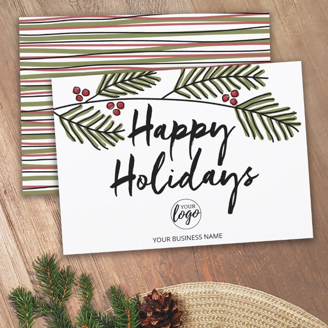 Business Lycklig Helgdag Rustic Gräs Träd Grenar Julkort (Corporate Holiday Card - Modern Rustic Design with Pine Branches - Add Logo)