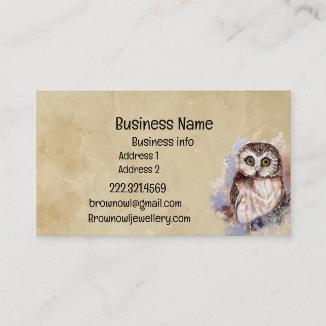 Business Name Cute Watercolor Owl Bird Wildlife  Visitkort (Framsida)