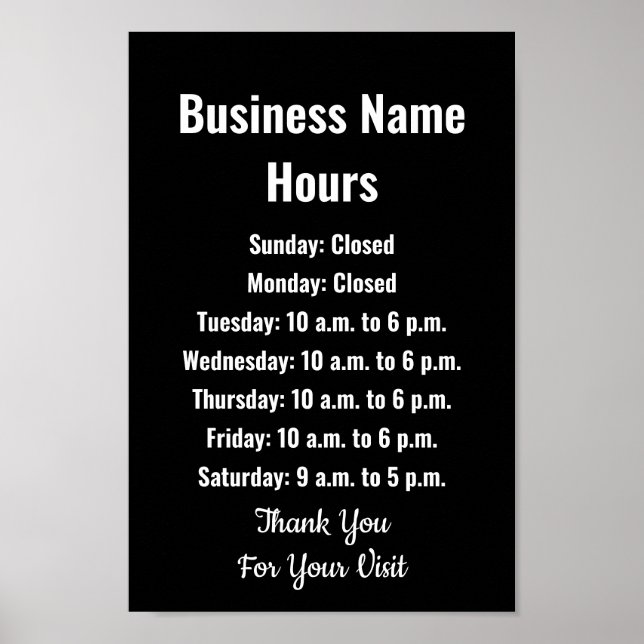 Business Name Hours Black and White Template Poster (Framsidan)