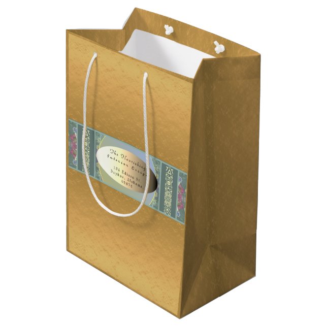 Business Namn/Adress Blommigt & Golden Gift Bag (Baksidan Vinklad)