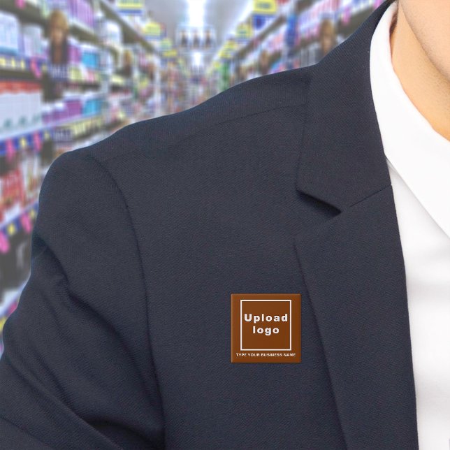 Business Namn och Logotyp Brown Square Button Knapp (Build brand name awareness. Your business name and logo on brown square button.)