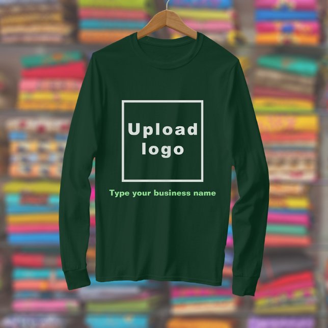 Business Namn och Logotyp on Forest Grönt Långärma T Shirt (Deep forest green long sleeve t-shirt with your business name and logo displayed in a store)