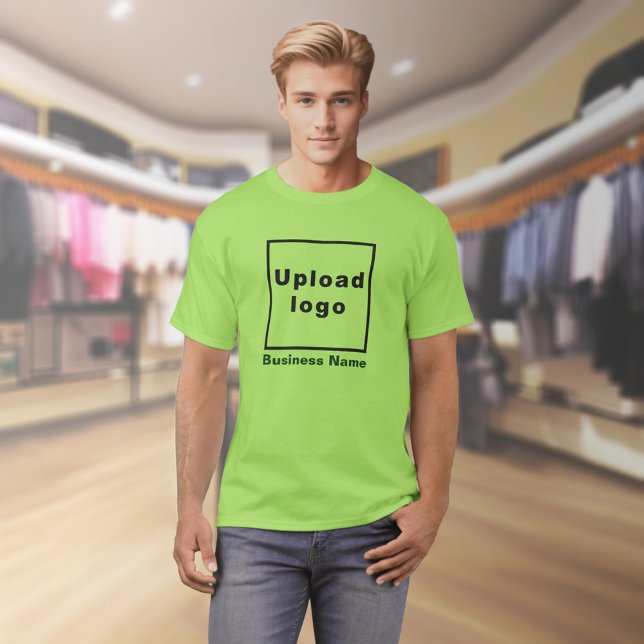 Business Namn och Logotyp on Lime Green T-Shirt (Lime green t-shirt with your business name and logo on model)