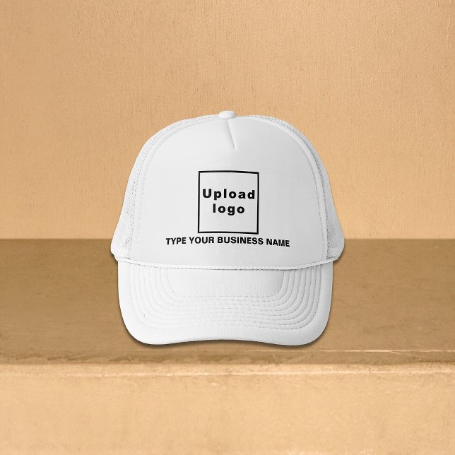 Business Namn och Logotyp on White Truckerkeps (Your business name and logo on white trucker hat)