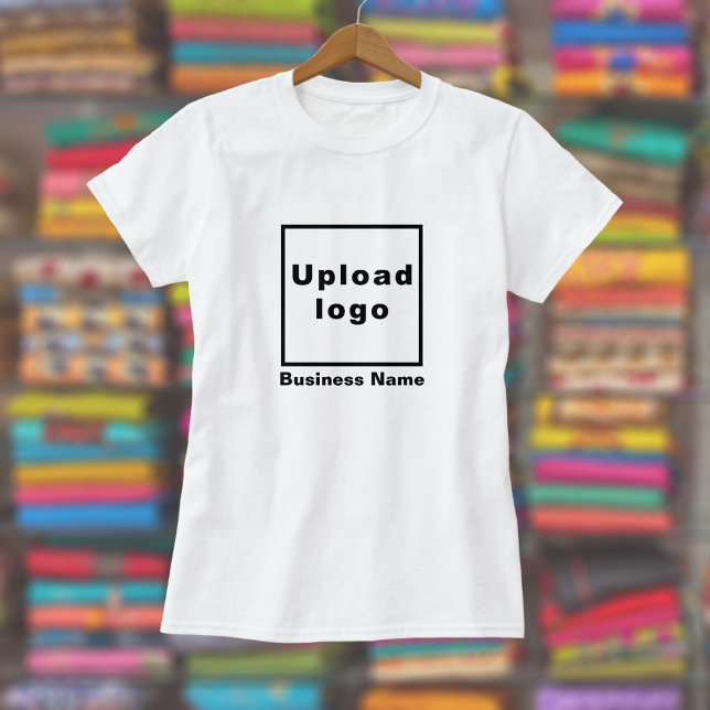 Business Namn och Logotyp on Women's White T-Shirt (Women's white t-shirt with your business name and logo displayed in a store)