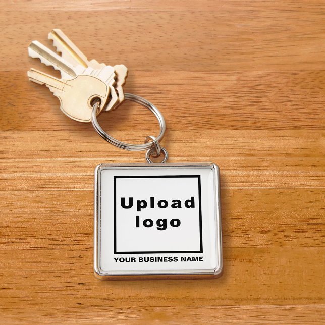 Business Namn och Logotyp på White Square Premium Fyrkantig Silverfärgad Nyckelring (Skapare uppladdad)