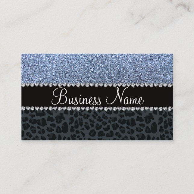 Business namn pastel blue glitter grått leopard visitkort (Framsida)
