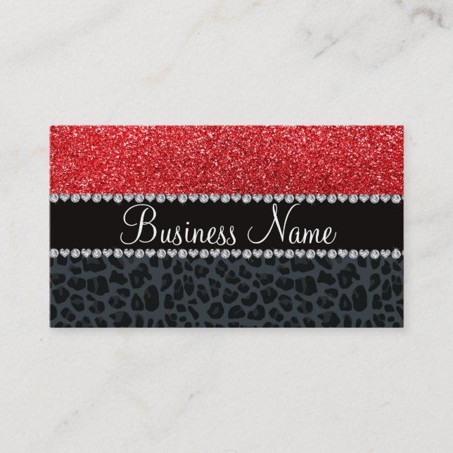 Business namn red glitter grått leopard visitkort (Framsida)