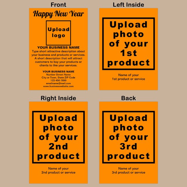 Business New Year Orange Färg Foldad Hälsning Kort (Orange color New Year folded greeting card with your business brand and products or services.)