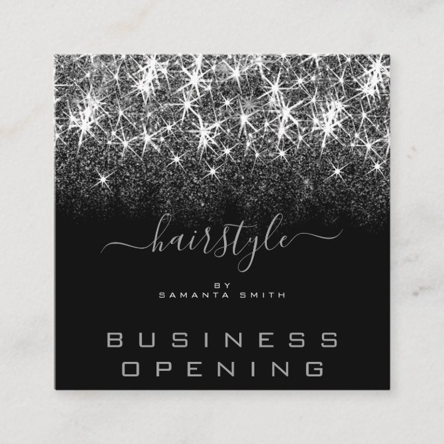 Business Open Hair Stylist Silver Glitter Spark Fyrkantigt Visitkort (Framsida)