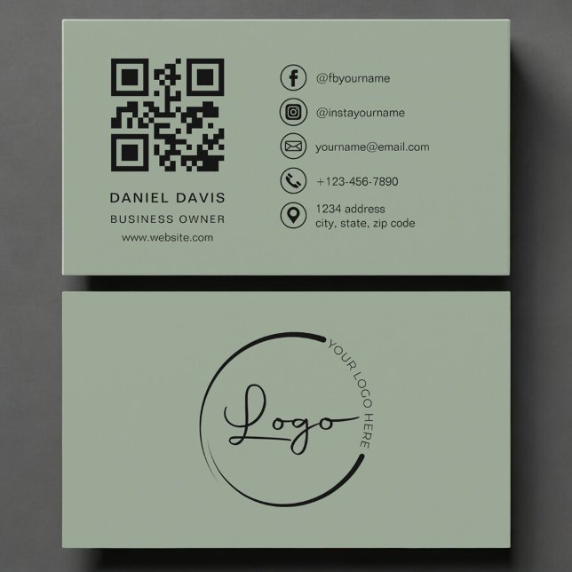 Business Owner Sage Green Logo QR Code  Visitkort (Skapare uppladdad)