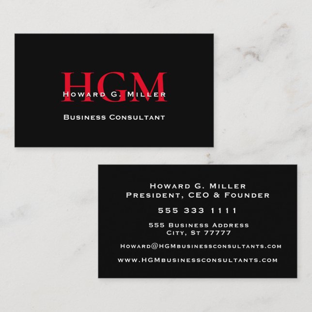 Business Professionell Monogram Logotyp Black Red Visitkort (Fram/baksida)