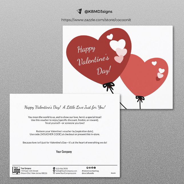 Business Promo Glad Alla hjärtans dag-kupongkort Helg Vykort (Business Promo Happy Valentine's Day Voucher Card, Two Heart-Shaped Balloons)