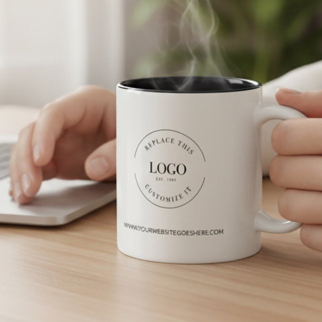 Business Promo logotyp-webbplats Svartvit anpassni Två-Tonad Mugg (Custom business logo and website branded mug.)