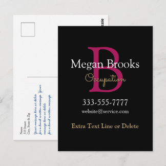 Business Promo, Name, Monogram & Title on Black Vykort