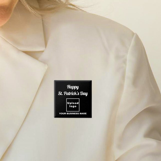 Business Saint patrick Hälsning på svarta torget Knapp (Business name and logo with Happy Saint Patrick's Day greeting on black square button.)