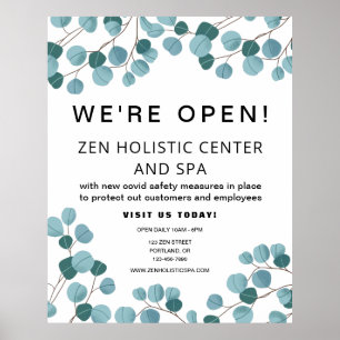Business Spa Återöppning Teal Black Botanical Poster