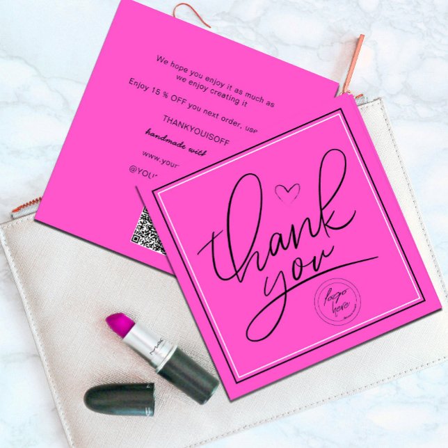 Business Tack Elegant Rosa och svart (Professional Business Thank You Elegant Pink and Black Card.#pinkthankyoucard #script #qrcode)