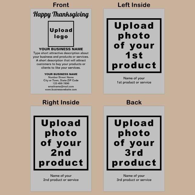 Business Thanksgiving Grått-mappat Helgdag-kort Helgkort (Gray folded holiday card for Thanksgiving with your business brand and products or services.)