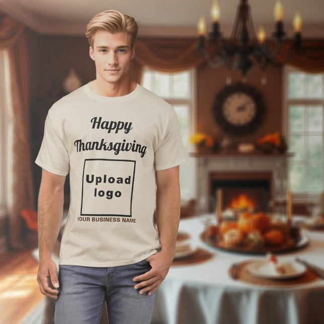 Business Thanksgiving Hälsning på Sand Färg T Shirt (Thanksgiving greeting, business name and logo on sand color t-shirt)