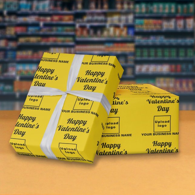 Business Valentine Gult Wrapping Papper Presentpapper (Business name and logo with Happy Valentine's Day greeting on yellow wrapping paper in store.)