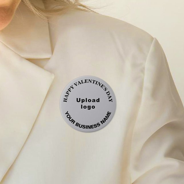 Business Valentine Hälsning på Grått Round Button Knapp (Business name and logo with Happy Valentine's Day greeting on gray round button.)