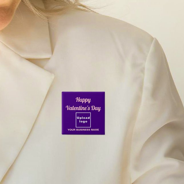 Business Valentine Hälsning på Lila Square Knapp (Business name and logo with Happy Valentine's Day greeting on purple square button.)