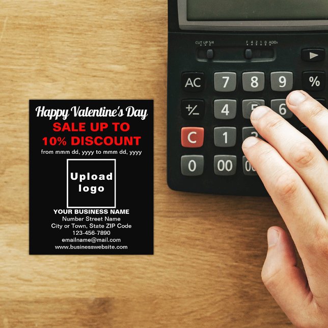 Business Valentine Sale på Black Flyer (Attract more customers this Valentine's Day. Business Valentine sale on black flyer on store desk.)