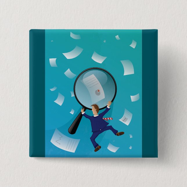 Businessman Giant Magnifying Glass Flying Papers Knapp (Framsida)
