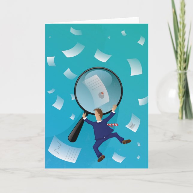Businessman Giant Magnifying Glass Flying Papers Kort (Framsida)