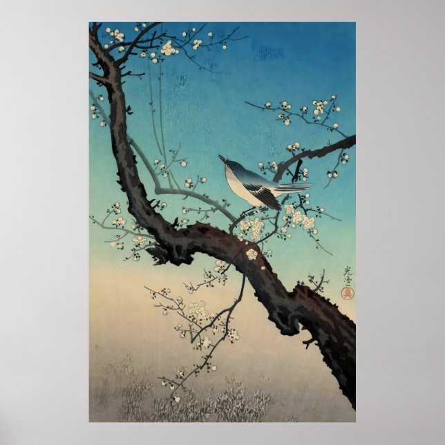 buskskvätta och plommonblommor-Tsuchiya Koitsu Poster (Framsidan)