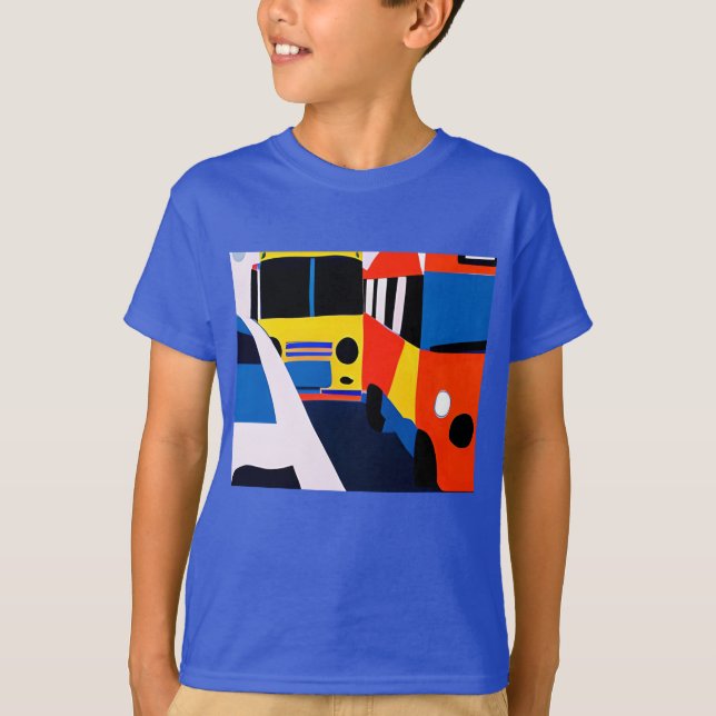 Buss och bilar i Barn i primärt Färg T Shirt (Framsida)