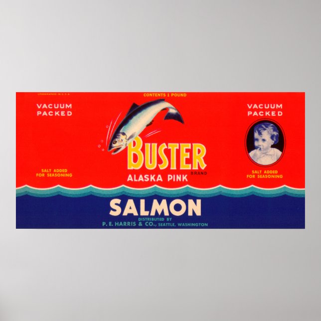 Buster Brand Salmon Label-Seattle, WA Poster (Framsidan)