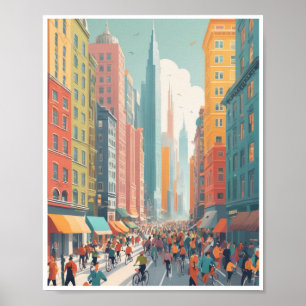 Bustling cityscape färglös byggnad upptagen gata poster