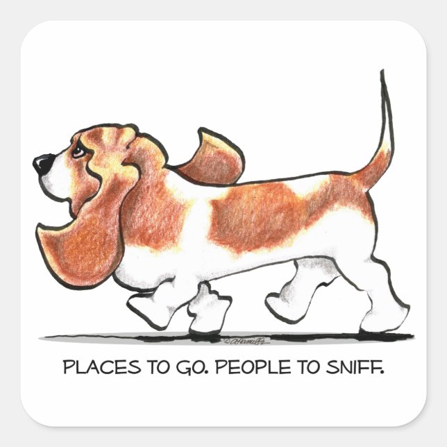Busy Basset Hound Fyrkantigt Klistermärke (Framsida)