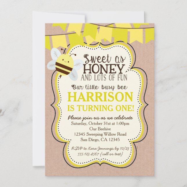 Busy Bee Birthday Call for boy or girl Inbjudningar (Framsida)