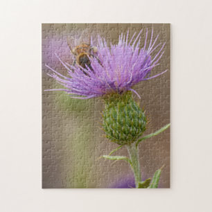 Busy Bee Buried in Lila Thistle Flower Photo Pussel