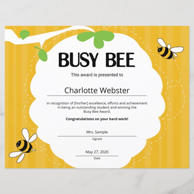 Busy Bee CertificateStudent RecognitionCertificate (Framsida)