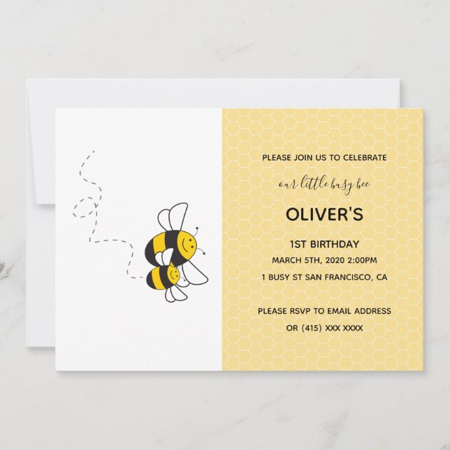 Busy bee humlebee födelsedagsfest inbjudan (Framsida)