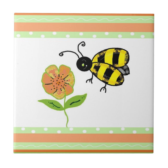 Busy Bee med Orange Flower Kakelplatta (Framsidan)