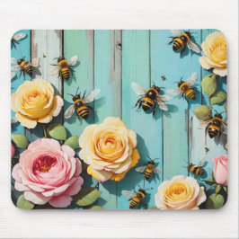 Busy Bees with Pink and Yellow Roses on Old Fence Musmatta